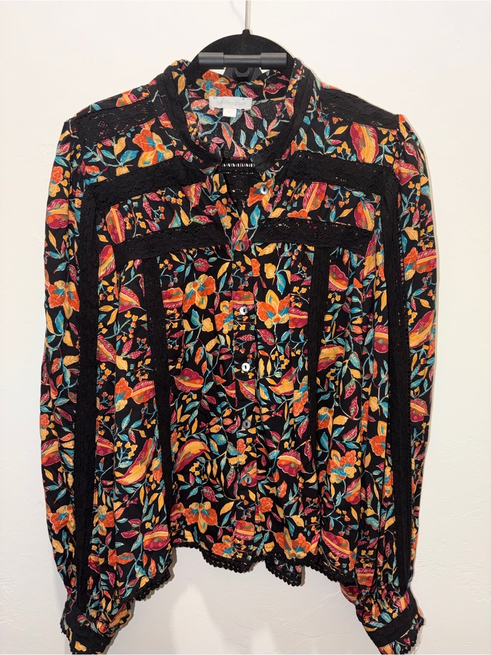 JENNIFER & GRACE Floral lace Blouse Top shirt SIZE L Long Sleeve Anthropologie